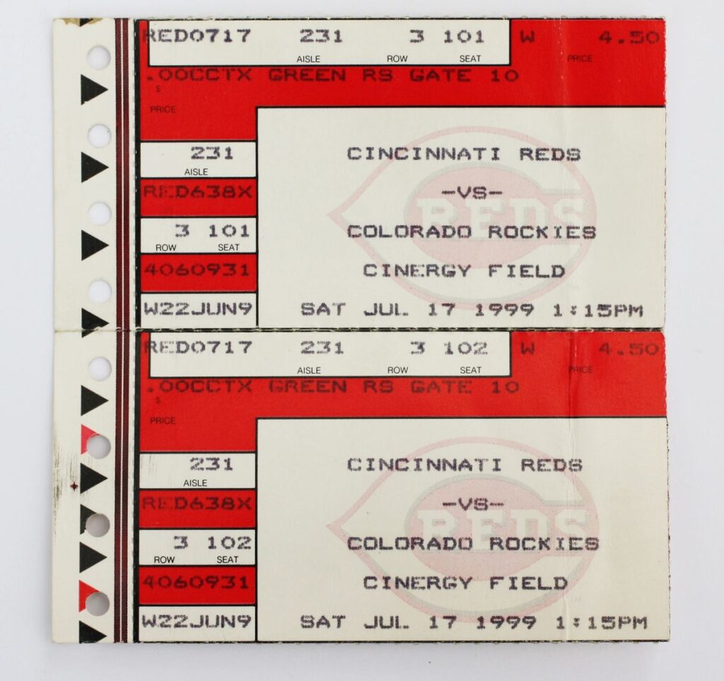 Cincinnati Reds vs Colorado Rockies 7-17-99 Double Stub Cincinnati, OH
