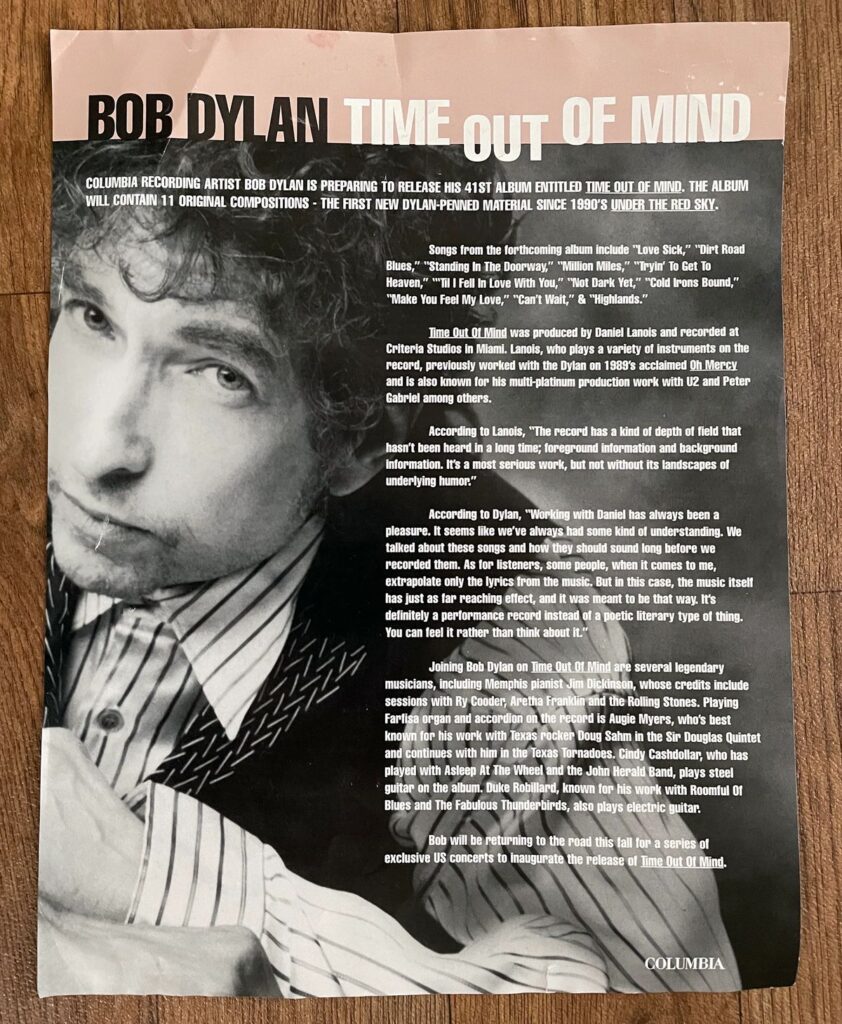Bob Dylan Time out of Mind Press Sheet