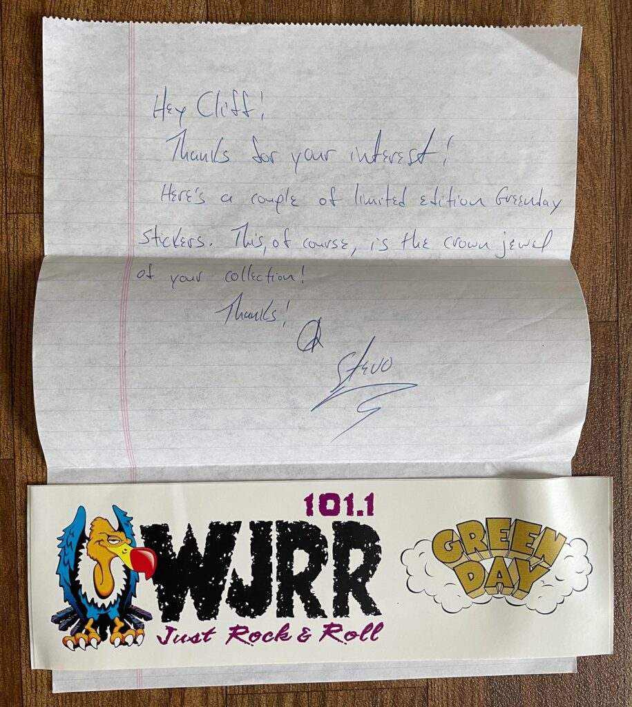 WJRR 101.1 Green Day Bumper Sticker and Letter from Steve "Stevo" Robertson